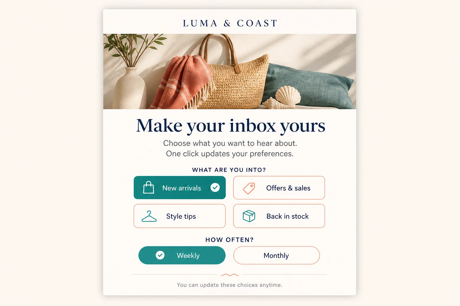 Example marketing email with one-click buttons for selecting New arrivals, Offers and sales, Style tips, Back in stock, Weekly, or Monthly preferences