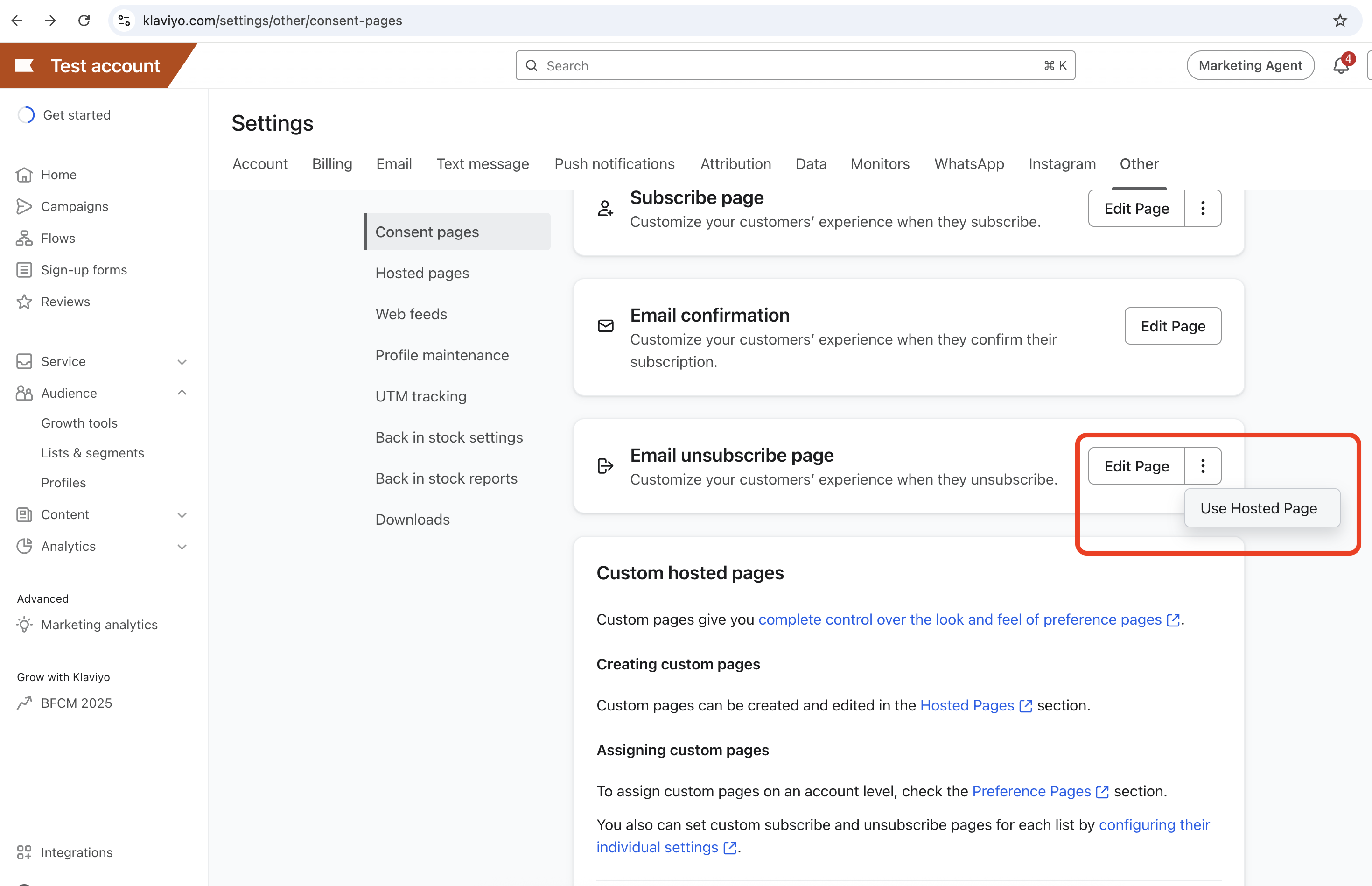 Klaviyo Consent Pages Ellipsis Menu