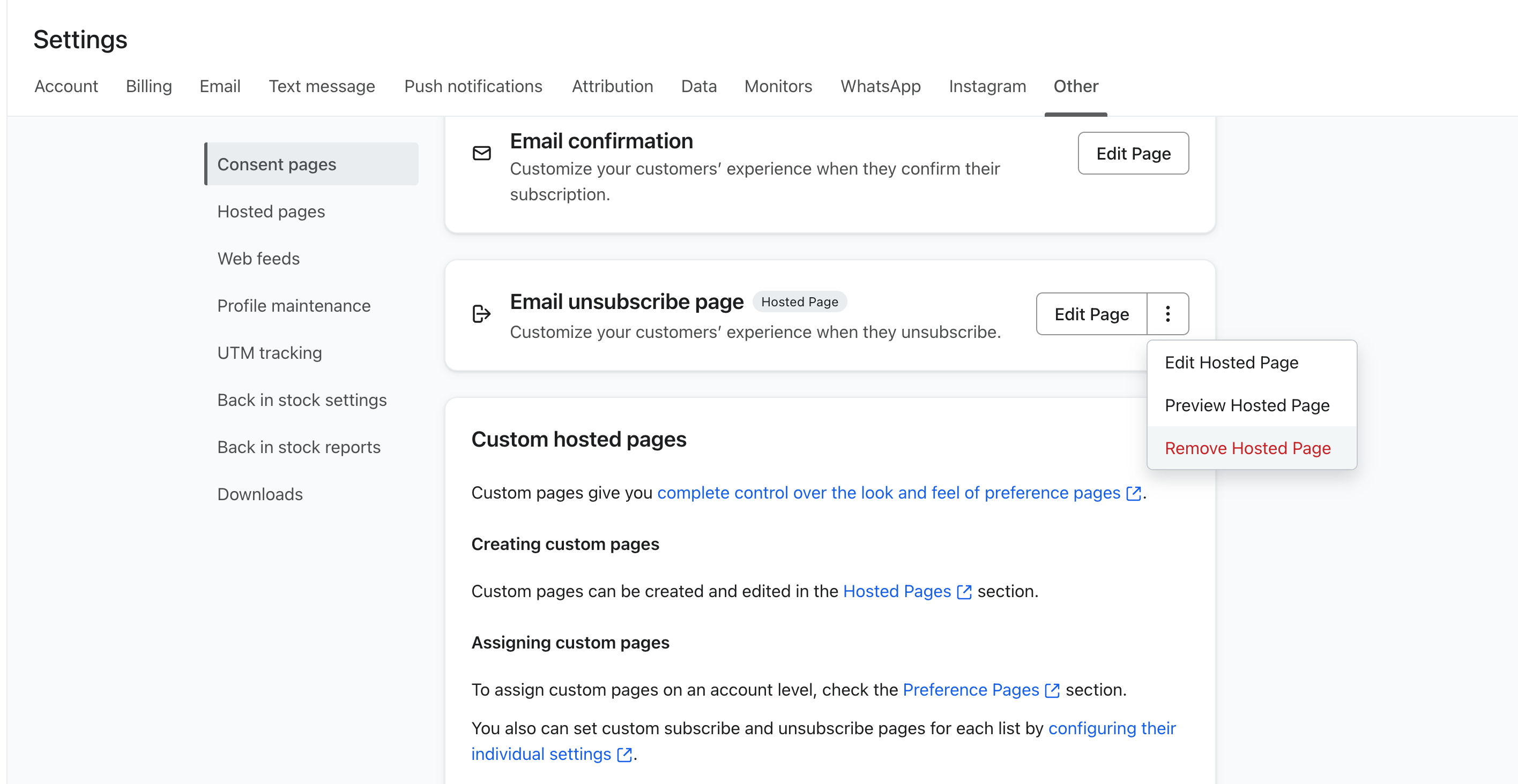 Klaviyo consent pages showing how to revert to default unsubscribe page